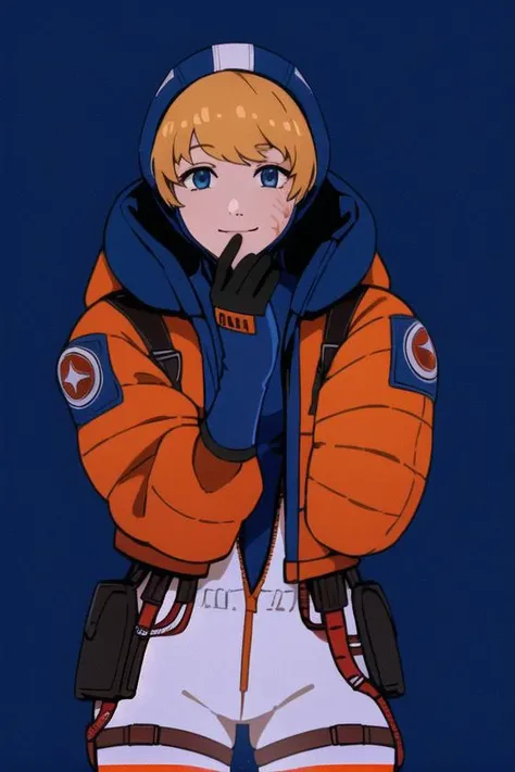 <lora:wattson_(apex_legends)v3:0.9>, wattson (apex legends), masterpiece, best quality, 1girl, solo, hooded bodysuit, bodysuit, white bodysuit, hood, scar, jacket, scar on face, scar on cheek, orange jacket, bangs, gloves, blonde hair, blue eyes, knee pads, hooded jacket, blue gloves, ribbed bodysuit, blue bodysuit, thigh strap, burn scar, looking at viewer, cable, open hands, standing , blue headwear, smile, cowboy shot,
