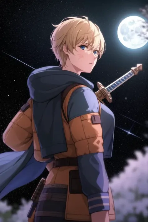 <lora:wattson_(apex_legends)v3:0.9>, wattson (apex legends), masterpiece, best quality, tarot, moon, weapon, 1girl, short hair, sword, over shoulder, weapon over shoulder, blonde hair, full moon, rounded corners, blue eyes, sword over shoulder, night, coat, flower, looking back, solo, bangs, breasts,  scar, scar on face, scar on cheek, burn scar,