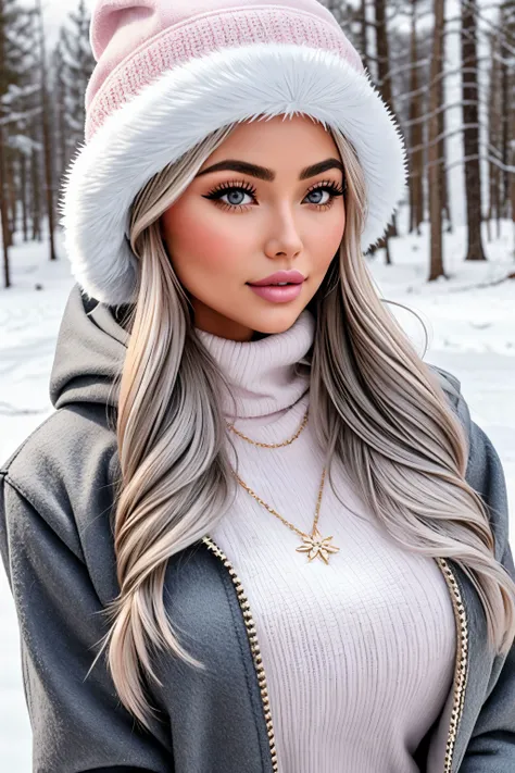 photo of beautiful (S036_KaterinaRozmajzl:0.99), with beautiful hair, smug, smirk, wearing a pink winter parka and skii clothes. wool skii hat and goggles, standing in A serene forest scene with a blanket of white snow , lookling at the viewer, seductive dynamic pose, lipgloss, Chain Necklace, Cuff Bracelet, Oversized Watch,
