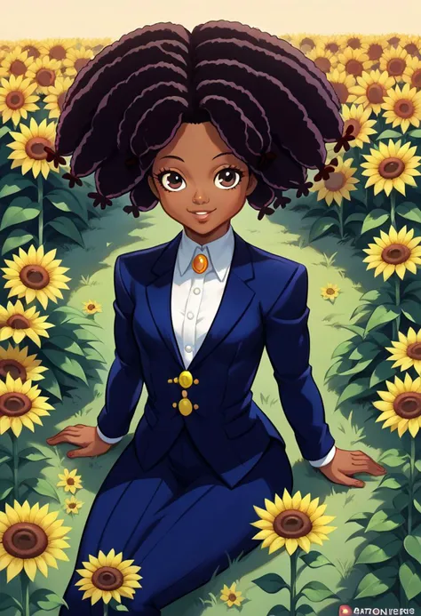 score_9, score_8_up, score_7_up, BREAK 1girl, solo, <lora:tezy8_pd_dora:1><lora:Bullet_BB:1> (((dark skin))), girl looking at stars, afro, canary, very dark skin, black hair, suit, business suit, dress shirt, innocent, cute, sitting, smile, flower field, sunflowers, sideview