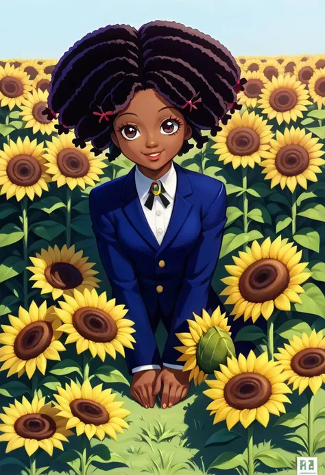 score_9, score_8_up, score_7_up, BREAK 1girl, solo, <lora:tezy8_pd_dora:1><lora:Bullet_BB:1> (((dark skin))), girl looking at stars, afro, canary, very dark skin, black hair, suit, business suit, dress shirt, innocent, cute, sitting, smile, flower field, sunflowers, sideview