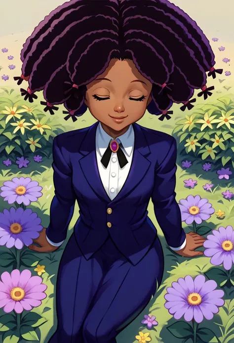score_9, score_8_up, score_7_up, BREAK 1girl, solo, <lora:tezy8_pd_dora:1><lora:Bullet_BB:1> (((dark skin))), girl picking flowers, afro, canary, very dark skin, black hair, suit, business suit, dress shirt, innocent, cute, sitting, smile, sleepy, flower field, purple flowers