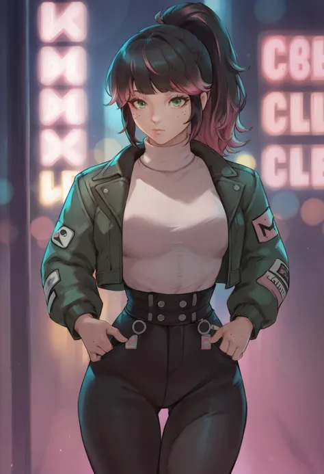 score_9, score_8_up, score_7_up BREAK solo, 1girl, cowboy shot, nightclub, neon lights, bokeh, depth of field, black hair, pink dyed hair, ponytail, bangs, green eyes, freckles, makeup, leather jacket, turtleneck, high waist pants <lora:tezy8_pd_dora:1>