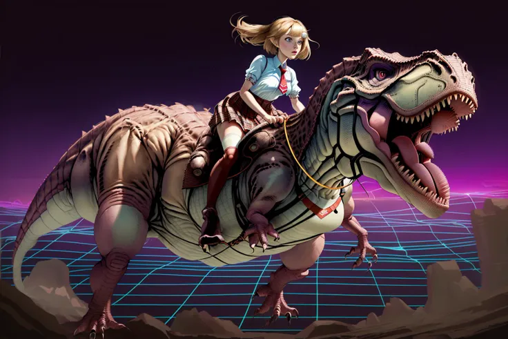 <lora:ame-10:1>,amelia watson,monocle hair ornament,amelia_detective,collared shirt,red necktie,plaid skirt,thighhighs,<lora:tekakutli-dinosaur-v6:0.7>,cowgirl,dinosaur,riding,synthwave background,violet light,, masterpiece, best quality, ultra-detailed, illustration,