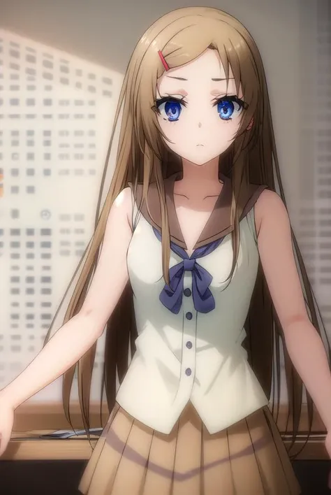 kanamimihara, <lora:kanami mihara s2-lora-nochekaiser:1>,
kanami mihara, long hair, brown hair, hair ornament, very long hair, blue eyes, hairclip,
BREAK dress, sleeveless, sailor collar, brown sailor collar, skirt, brown skirt, pleated skirt,
BREAK indoors, classroom,
BREAK looking at viewer, (cowboy shot:1.5),
BREAK <lyco:GoodHands-beta2:1>, (masterpiece:1.2), best quality, high resolution, unity 8k wallpaper, (illustration:0.8), (beautiful detailed eyes:1.6), extremely detailed face, perfect lighting, extremely detailed CG, (perfect hands, perfect anatomy),