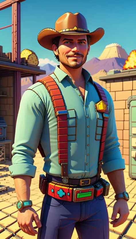 <lora:NESVoxelStyleXL:1.3> NESVoxelStyle portrait, (bloody scars:0.7), looking at viewer, focus on character, solo, upper body, detailed face, (bioshock theme:1.1), outlaw, belt, sheriff badge, grinning, 19th century wild west, wild west era campsite with campfire in background, desert backdrop, high noon, cinematic atmosphere, arid,, voxel, sci-fi, (retro game:0.5), (video game:0.5), 3D shape, 3D style