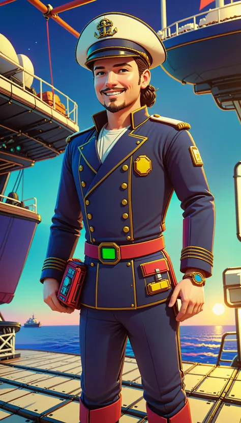 <lora:NESVoxelStyleXL:1.3> NESVoxelStyle  portrait, solo, half shot, looking at viewer, detailed background, detailed face, (high fantasy medieval theme:1.1), ship captain, smiling, Black  sailor uniform,  tricorn hat, decorations, dynamic movement, on deck of ship, sails,  rail, anchor, navigational tools, fleet in background, dusk, dramatic lighting,  epic atmosphere,, voxel, sci-fi, (retro game:0.5), (video game:0.5), 3D shape, 3D style