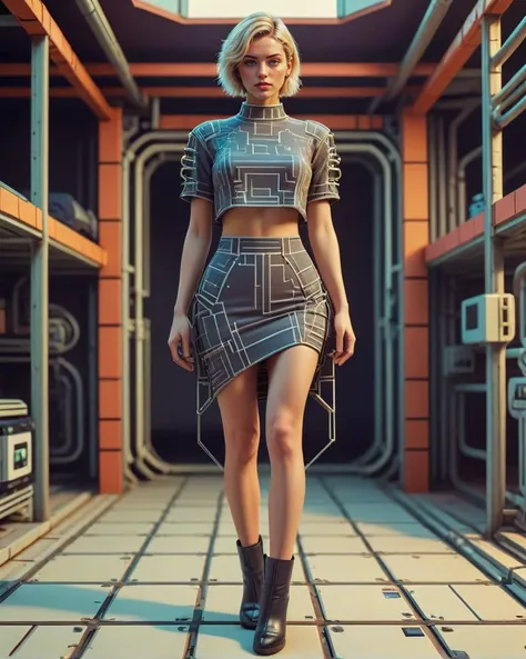 <lora:NESVoxelStyleXL:0.6>, retro-game, NESVoxelStyle complex background, ornate details, UHD, realistic fabric movement, fashion photography, supermodel pose BREAK baggy full body clothing, cyberweave alloy, cybernetic circuitry pattern, cuffed sleeves, high-low hemline, high waist, pencil skirt, layered look,low back