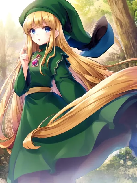 (((the-real-thing, the-real-thing-person-likeness))) (((outdoors, nature, solo))) <lora:witchP4_v10f512:1> witchp4, 1girl, solo, hat, dress, long sleeves, green headwear, green dress, looking at viewer, blush, very long hair, jewelry, gem, wide sleeves