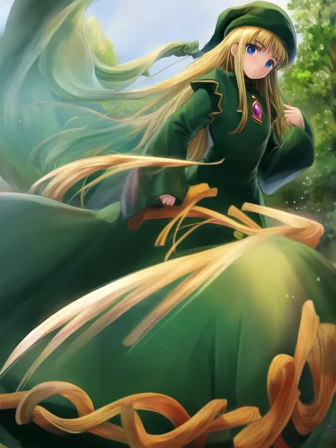 (((the-real-thing, the-real-thing-person-likeness)))  (((outdoors, nature, solo)))   <lora:witchP4_v10f512:1> witchp4, 1girl, solo, hat, dress, long sleeves, green headwear, green dress, looking at viewer, blush, very long hair, jewelry, gem, wide sleeves