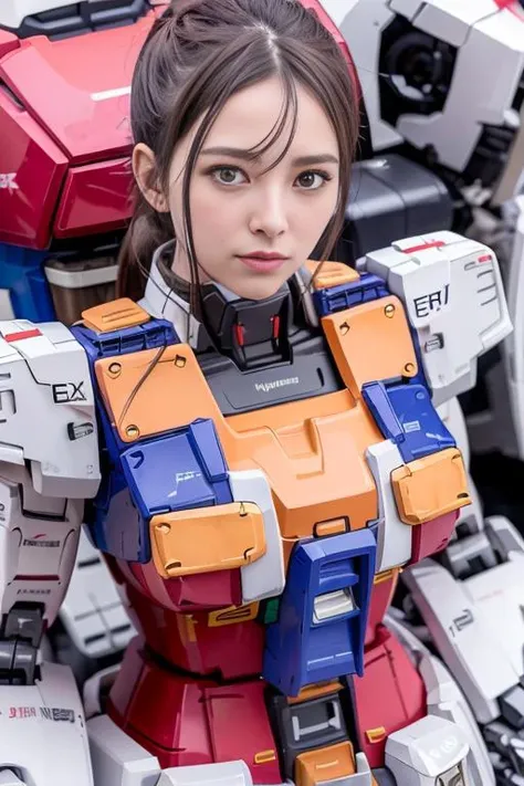 (gundam-rx78:1.2), ultra high res, best quality, photo, 4k, (photorealistic:1.4), 1girl, solo, (upper half body:1.1), close up, ponytail, black hair, beautiful face, beautiful eyes, walking, cityscape, (wearing mecha armor:1.3), depth of field, motion lines, perky breasts, bra lift, breast slip, <lora:gundamRX782OutfitStyle_v10:0.6> <lora:aiUehara_v10:0.85>
