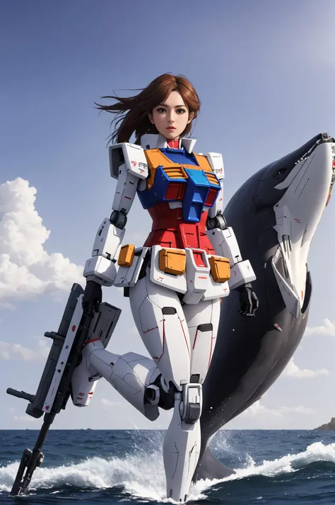 gundam\(rx78\), ultra high res, best quality, photo, 4k, realistic, (photorealistic:1.4), 1girl, (beautiful face:1), mechnic upfit,slim legs,solo, (full body:1.1), outdoor by the sea,( a jumping mechanic whale above the sea in the background:1), (extremely detailed CG unity 8k wallpaper), realistic, masterpiece,