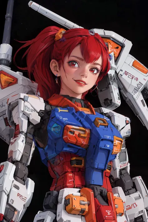 (masterpiece, best quality;1.3), extremely detailed ,ultra detailed, 1GIRL,solo, twin tail, large breast, evil smile, gundam\(rx78\), science fiction, mecha,
red_dress,starry sky, red hair, solo, hair ornament, long hair, red eyes, jewelry, earrings, dress, bare shoulders, red lips, upper body, white background, looking at viewer,future city background,night, neon sign, from below,
<lora:RX78_V1:0.9>
