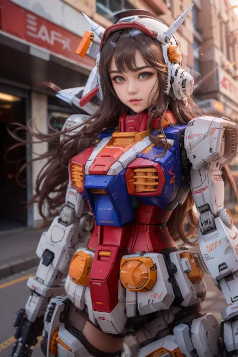 gundam\(rx78\), RAW photo, delicate, best quality, (intricate details:1.3), hyper detail, finely detailed, colorful, 8k uhd, film grain, (studio lighting:1.2), (Fujifilm XT3), (photorealistic:1.3), (detailed skin:1.2)ultra high res, mecha armor, head wear, outside in the street with high building, best quality, photo, 4k, (photorealistic:1.4), 1girl, solo, (full body:1),very long hair, beautiful face, beautiful eyes, dynamic pose, dynamic angle, depth of field, motion lines,looking at viewer,