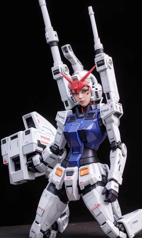 gundam\(rx78\), reika\(gantz\), reika\(shortsuit\), (8k, best quality, masterpiece:1.2), (realistic, photo-realistic:1.37), ultra-detailed, 1 girl, cute, solo, sad, beautiful face, great breasts, black eyes, looking at viewer, in the middle of the battlefield, sparkle, night, from below,mecha armor, <lora:gundamRX782OutfitStyle_v10:0.6>,Gundam suit ,robotic parts,extra limbs, strange eyes,
