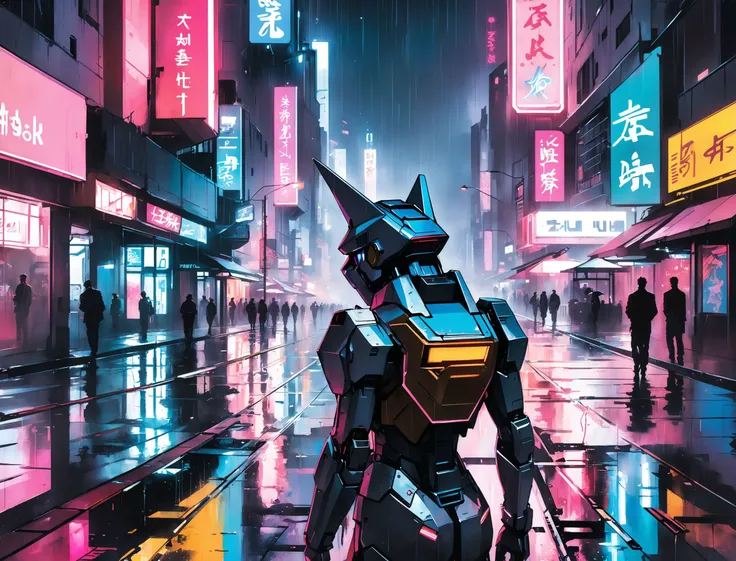 (ULA), nighttime, cyberpunk city, dark, raining, neon lights , (<lora:2077_Style:0.5>,<lora:sdxl_loha_RX78_v2:0.5> gundam\(rx78\), mobile suit, mecha armor, body suit ), cyberpunk, synthwave, 1980s, futurism, brutalism, neuromancer, cinematic photo in austin, ((pinkfong baby shark)),art by Agnes Cecile,art by Jakub Rozalski, 1920+ Poland