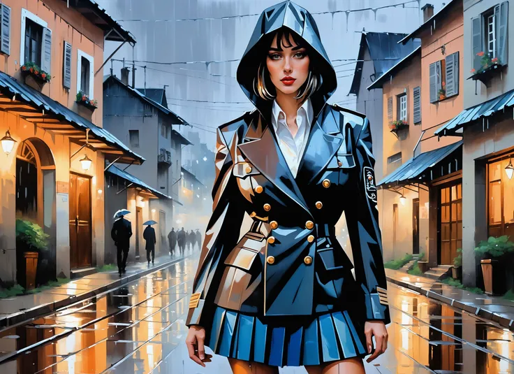 (OLINDA), nighttime, cyberpunk city, dark, raining, neon lights ((,Wearing a blazer over a hoodie)), blazer, hoodie, (<lora:sdxl_loha_RX78_v2:0.5> gundam\(rx78\), mobile suit, mecha armor, body suit ), cyberpunk, synthwave, 1980s, futurism, brutalism, neuromancer, cinematic photo in a backyard, ((art by Arnold Mesches)),Background is stunning 17th century european village scenery, detailed and intricate environment, oil painting, palette knife soft brushstrokes, heavy strokes, dripping paint, art station on trend, sharp focus, intricate details, highly detailed,(pleated skirt,wearing a military uniform with a collar, military cap),art by Jakub Rozalski, 1920+ Poland