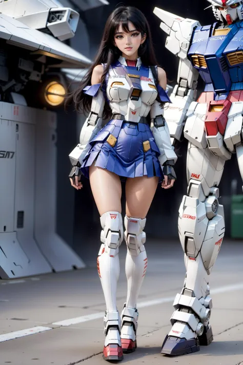 (8k, RAW photo, best quality, masterpiece:1.3), realistic, <lora:sdxl_loha_RX78_v2:0.9>, gundam\(RX78\), 1girl, solo, long hair, black hair, mobile suit, holding, mecha, huge breasts, back to the viewer, blue eyes, (full body:3), bangs, science fiction, open mouth, covered leg, skin tight, weapon, tail, shorts, dancing, long shoes, long dress, (leg armor:1.5), white thighhighs, (from back:2),