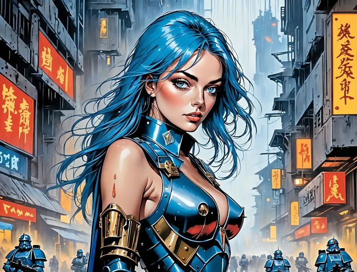 (Lindsay Lohan), nighttime, cyberpunk city, dark, raining, neon lights , (<lora:sdxl_loha_RX78_v2:0.5> gundam\(rx78\), mobile suit, mecha armor, body suit ), cyberpunk, synthwave, 1980s, futurism, brutalism, neuromancer, cinematic photo in Cambridge, art by enki bilal, art by philippe druillet, art by moebius, inspired by french comics art,detailed hair, shaved head, blue hair,analog, the contrast in colors and textures should be distinct highly detailed, surreal, vibrant yet slightly desaturated, faded film, desaturated, 35mm photo, grainy, vignette, vintage, Kodachrome, Lomography, stained, highly detailed, found footage,leading a horde army, thousands of warriors, futuristic attire, future soldier, in wh40k, Warhammer 40,000, death korps of krieg, dkok, astra militarum, space marines, epic battle, only war, wearing huge pauldrons, WWI, trenches, dirt, battle,Background is stunning 17th century european village scenery, detailed and intricate environment, oil painting, palette knife soft brushstrokes, heavy strokes, dripping paint, art station on trend, sharp focus, intricate details, highly detailed