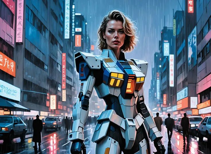 (Rebecca Romijn), nighttime, cyberpunk city, dark, raining, neon lights , (<lora:sdxl_loha_RX78_v2:0.5> gundam\(rx78\), mobile suit, mecha armor, body suit ), cyberpunk, synthwave, 1980s, futurism, brutalism, neuromancer, cinematic photo in an atol, art by Jakub Rozalski, 1920+ Poland,art by Adrian Tomine,art by Antoine Le Nain, art by Antoine Verney-Carron,Radial balance, Sunrise, Water, Ellipse, ultra detailed, intricate,