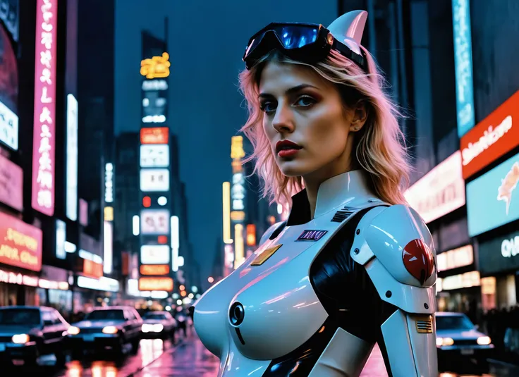 (Melanie Laurent), nighttime, cyberpunk city, dark, raining, neon lights , (<lora:sdxl_loha_RX78_v2:0.5> gundam\(rx78\), mobile suit, mecha armor, body suit ), cyberpunk, synthwave, 1980s, futurism, brutalism, neuromancer, cinematic photo in Planet Venus, art by Antoine Le Nain, art by Antoine Verney-Carron,art by Agnes Cecile,((pinkfong shark)),art by enki bilal, art by philippe druillet, art by moebius, inspired by french comics art,analog, the contrast in colors and textures should be distinct highly detailed, surreal, vibrant yet slightly desaturated, faded film, desaturated, 35mm photo, grainy, vignette, vintage, Kodachrome, Lomography, stained, highly detailed, found footage