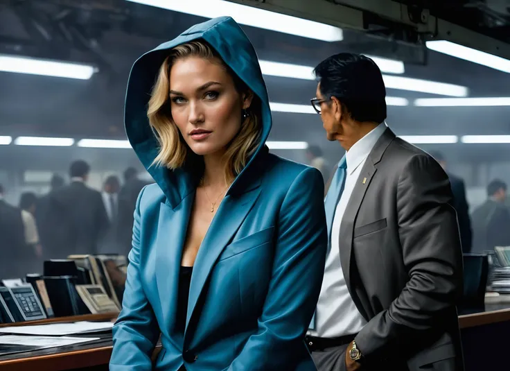 (Bar Refaeli), nighttime, cyberpunk city, dark, raining, neon lights ((,Wearing a blazer over a hoodie)), blazer, hoodie, (<lora:sdxl_loha_RX78_v2:0.5> gundam\(rx78\), mobile suit, mecha armor, body suit ), cyberpunk, synthwave, 1980s, futurism, brutalism, neuromancer, cinematic photo in a tank factory, art by Adrian Tomine,looking away from the viewer,,in the oval office with the president of the United States,in a coal mine