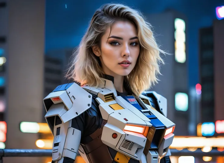 (a girl with a beautiful face), nighttime, cyberpunk city, dark, raining, neon lights , (<lora:sdxl_loha_RX78_v2:0.5> gundam\(rx78\), mobile suit, mecha armor, body suit ,<lora:John Berkey Style:0.5> John Berkey Style ), cyberpunk, synthwave, 1980s, futurism, brutalism, neuromancer, cinematic photo in Conn College, detailed hair, long hair, brown with blonde highlights hair,(huge breasts), toned, fit, (21yo), a 25-year-old woman, detailed face, petite figure, detailed skin texture, pale skin, thigh gap