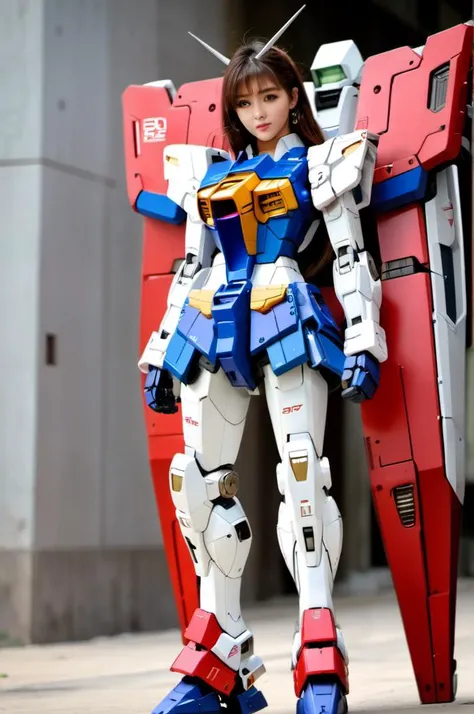 (8k, RAW photo, best quality, masterpiece:1.3), <lora:sdxl_loha_RX78_v2:0.7>, gundam\(rx78\), (1girl:1.5), beautiful face, (full body:2) long hair, female body, gundam girl, mobile suit, mecha armor, leg armor, long legs, shoes