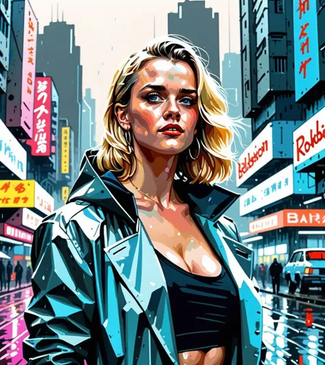 (Reese Witherspoon,a girl with a beautiful face), nighttime, cyberpunk city, dark, raining, neon lights, ((Wearing a blazer over a hoodie)), blazer, hoodie,(cyberpunk 2077 cityscape), (<lora:sdxl_loha_RX78_v2:0.5> gundam\(rx78\), mobile suit, mecha armor, body suit ), cyberpunk 2077, cyberpunk, synthwave, 1980s, futurism, brutalism, neuromancer, cinematic photo,, Background is stunning 17th century european village scenery, detailed and intricate environment, oil painting, palette knife soft brushstrokes, heavy strokes, dripping paint, art station on trend, sharp focus, intricate details, highly detailed,analog, the contrast in colors and textures should be distinct highly detailed, surreal, vibrant yet slightly desaturated, faded film, desaturated, 35mm photo, grainy, vignette, vintage, Kodachrome, Lomography, stained, highly detailed, found footage,close up, in your face,,in a thick jungle,art by Jakub Rozalski, 1920+ Poland