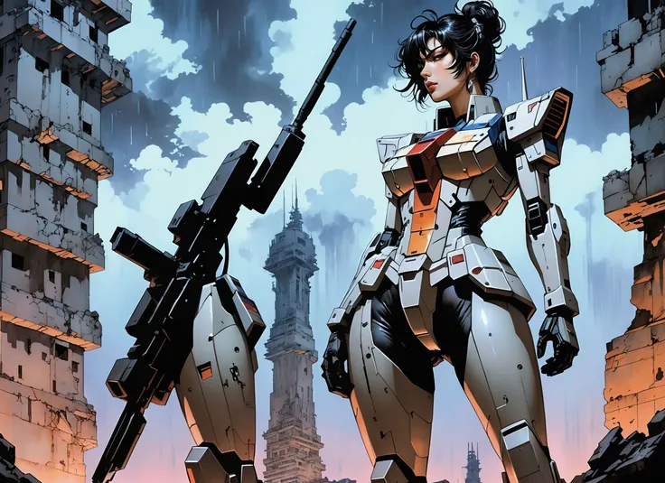 (a girl with a beautiful face), nighttime, cyberpunk city, dark, raining, neon lights , (<lora:sdxl_loha_RX78_v2:0.5> gundam\(rx78\), mobile suit, mecha armor, body suit ), cyberpunk, synthwave, 1980s, futurism, brutalism, neuromancer, cinematic photo in miami, Amid the ruins of a once-majestic fortress, a soldier pauses, her silhouette ghostly against the backdrop of shifting terrains that oscillate between detailed battle maps and molten landscapes, Tornado, Barren trees, Menacing,,art by Masamune Shirow, art by J.C. Leyendecker
