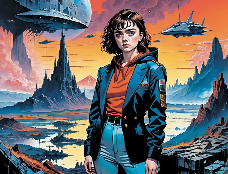 (Maisie Williams), nighttime, cyberpunk city, dark, raining, neon lights ((,Wearing a blazer over a hoodie)), blazer, hoodie, (<lora:sdxl_loha_RX78_v2:0.5> gundam\(rx78\), mobile suit, mecha armor, body suit ), cyberpunk, synthwave, 1980s, futurism, brutalism, neuromancer, cinematic photo in a casket, Background is stunning 17th century european village scenery, detailed and intricate environment, oil painting, palette knife soft brushstrokes, heavy strokes, dripping paint, art station on trend, sharp focus, intricate details, highly detailed,under water swimming with fishes,climbing a rocky mountain, mount doom, volcanos in the background,art by enki bilal, art by philippe druillet, art by moebius, inspired by french comics art,((art by Robert McCall)),Amid the ruins of a once-majestic fortress, a soldier pauses, her silhouette ghostly against the backdrop of shifting terrains that oscillate between detailed battle maps and molten landscapes, Tornado, Barren trees, Menacing,