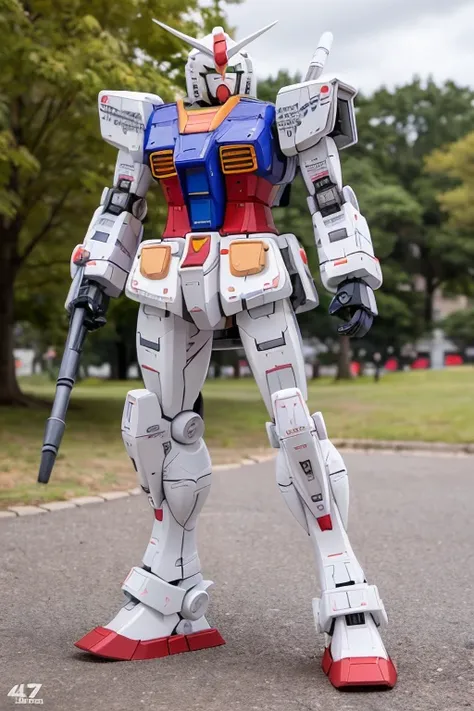 NSFW, gundam\(rx78\), ultra high res, best quality, photo, 4k, (photorealistic:1.4), (full body:1.1),outside in the park with lake, dynamic pose, ((mecha armor)), depth of field, motion lines <lora:gundamRX782OutfitStyle_v10:0.6> <lora:gundamRX78_v2:0.2>,(full body picture)