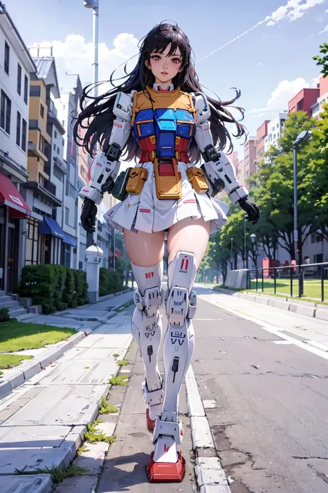 NSFW, gundam\(rx78\), ultra high res, best quality, photo, 4k, (photorealistic:1.4), 1girl, solo, (full body:1.1),long hair, black hair, beautiful face, beautiful eyes, outside in the park with lake, running, mecha armor, depth of field, motion lines, short skirt, tight shirt
