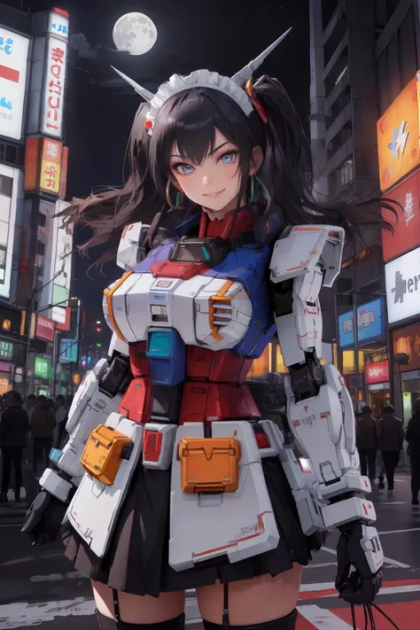 (masterpiece, best quality;1.3), extremely detailed ,ultra detailed,  1GIRL,solo,  twin tail,  large breast, evil smile, gundam\(rx78\), science fiction, mecha, large breast, maid,
black hair, solo, hair ornament, long hair, twin tail, gold eyes, jewelry, earrings, looking at viewer,shinjuku city background,night, many neon signs, moon base, detailed dress, micro mini skirt,  flying ,viewfinder, (Model Posing),  blue lightning,  <lora:RX78_V1:0.7>
