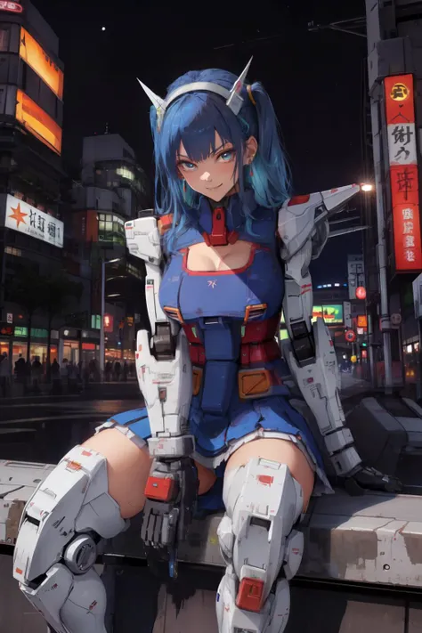 (masterpiece, best quality;1.3), extremely detailed ,ultra detailed, 1GIRL,solo, twin tail, large breast, evil smile, gundam\(rx78\), science fiction, mecha,
blue hair, solo, hair ornament, long hair, twin tail, gold eyes, jewelry, earrings, looking at viewer,shinjuku city background,night, many neon signs, moon base, detailed dress, micro mini skirt, from below, sitting,
<lora:RX78_V1:0.75> bust shot,