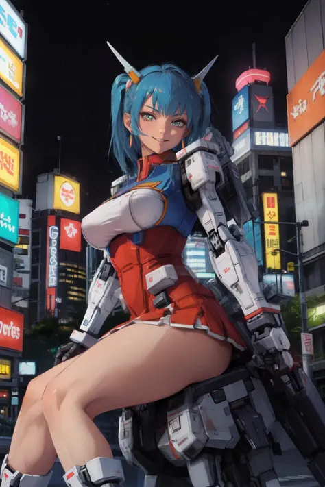 (masterpiece, best quality;1.3), extremely detailed ,ultra detailed, 1GIRL,solo, twin tail, large breast, evil smile, gundam\(rx78\), science fiction, mecha,
blue hair, solo, hair ornament, long hair, twin tail, gold eyes, jewelry, earrings, looking at viewer,shinjuku city background,night, many neon signs, moon base, detailed dress, micro mini skirt, from below, sitting,
<lora:RX78_V1:0.7> bust shot,