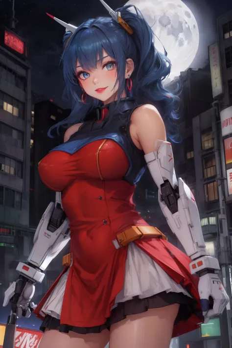 (masterpiece, best quality;1.3), extremely detailed ,ultra detailed, 1GIRL,solo, twin tail, large breast, evil smile, gundam\(rx78\), science fiction, mecha,
red_dress,starry sky, blue hair, solo, hair ornament, long hair, twin tail, gold eyes, jewelry, earrings, dress, bare shoulders, red lips, upper body, white background, looking at viewer,future city background,night, neon sign, moon base, detailed dress, micro mini skirt,
<lora:RX78_V1:0.5> <lora:add_detail:0.5>