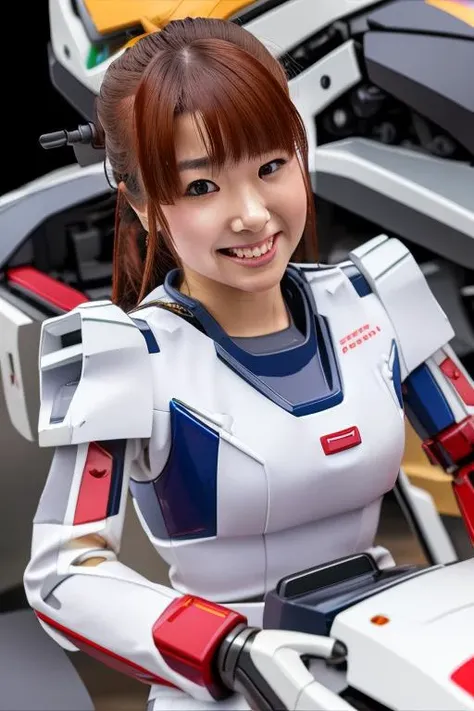 hikari, masterpiece, best quality, ultra high res, ultra detailed, realistic, photorealistic, depth of field, 1girl, solo, looking at viewer, sharp focus, detailed face, smile, (pureerosface_v1:0.1), (vibrant color:1.2), gundam\(rx78\) <lora:RX78_V1:0.3>, mecha, robot