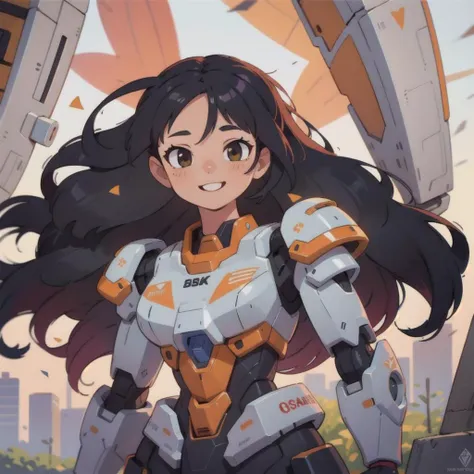 masterpiece, best quality, girl, (colorful), volumatic light, bust shot, extremely detailed CG unity 8k wallpaper,intricate, windy, sun light, (long black hair:1.3), smile, mecha armor, <lora:gundamRX782OutfitStyle_v10:0.4>