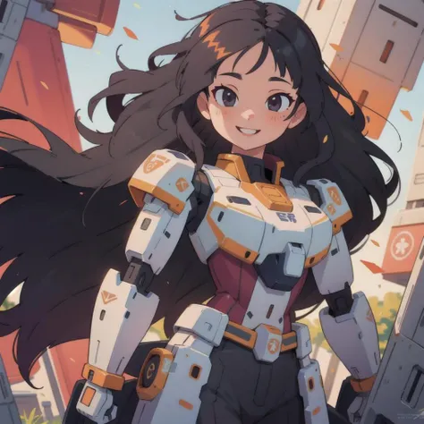 masterpiece, best quality, girl, (colorful), volumatic light, bust shot, extremely detailed CG unity 8k wallpaper,intricate, windy, sun light, (long black hair:1.3), smile, mecha armor, <lora:gundamRX782OutfitStyle_v10:0.4>