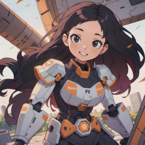 masterpiece, best quality, girl, (colorful), volumatic light, bust shot, extremely detailed CG unity 8k wallpaper,intricate, windy, sun light, (long black hair:1.3), smile, mecha armor, <lora:gundamRX782OutfitStyle_v10:0.4>