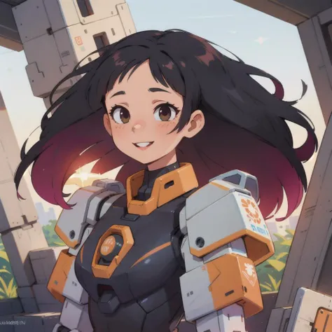 masterpiece, best quality, girl, (colorful), volumatic light, bust shot, extremely detailed CG unity 8k wallpaper,intricate, windy, sun light, (long black hair:1.3), smile, mecha armor, <lora:gundamRX782OutfitStyle_v10:0.4>