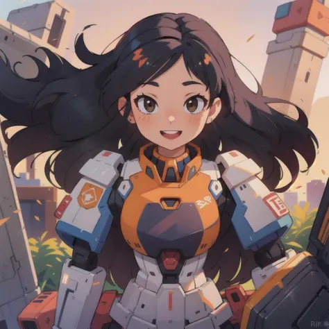 masterpiece, best quality, girl, (colorful), volumatic light, bust shot, extremely detailed CG unity 8k wallpaper,intricate, windy, sun light, (long black hair:1.3), smile, mecha armor, <lora:gundamRX782OutfitStyle_v10:0.4>