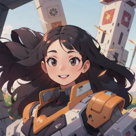 masterpiece, best quality, girl, (colorful), volumatic light, bust shot, extremely detailed CG unity 8k wallpaper,intricate, windy, sun light, (long black hair:1.3), smile, mecha armor, <lora:gundamRX782OutfitStyle_v10:0.4>