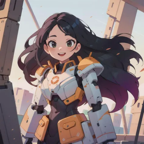 masterpiece, best quality, girl, (colorful), volumatic light, bust shot, extremely detailed CG unity 8k wallpaper,intricate, windy, sun light, (long black hair:1.3), smile, mecha armor, <lora:gundamRX782OutfitStyle_v10:0.4>