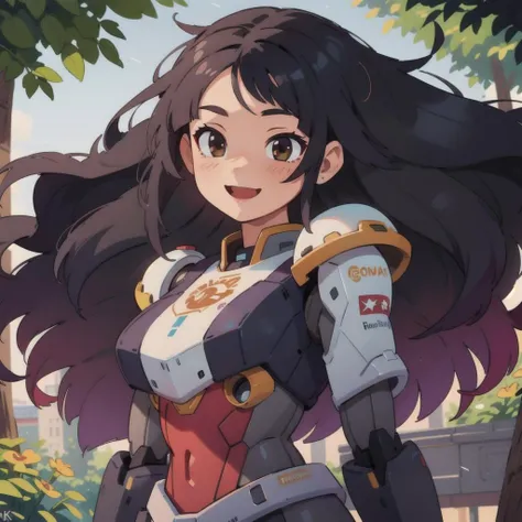masterpiece, best quality, girl, (colorful), volumatic light, bust shot, extremely detailed CG unity 8k wallpaper,intricate, windy, sun light, (long black hair:1.3), smile, mecha armor, <lora:gundamRX782OutfitStyle_v10:0.4>
