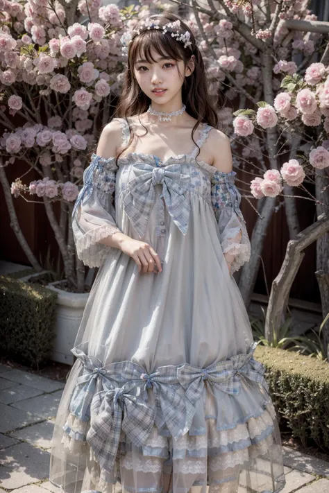 (realistic:1.3), finely detailed, quality, rembrandt lighting, (masterpiece:1.2), (photorealistic:1.2), (best quality), (detailed skin:1.3), (intricate details), dramatic, ray tracing, 1girl, japanese girl, 21 years old, detailed skin texture, (blush:0.5), (goosebumps:0.5), subsurface scattering, smiling, medium breasts, long hair curls, bangs, hair between eyes, headdress, ribbon, bow, choker, white dress, long dress, long sleeves, lace, frills, hpzc \(manaka nemu\), high heels, full body, (arms at side:1.2), (strolling, bright sunny day, plum blossom trees, sky), <lora:Dress NO.20 V1 hpzc:0.9>