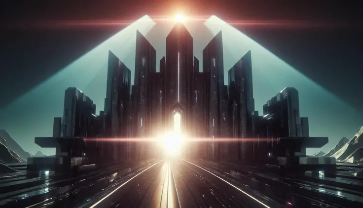 ObsidianJJ, futuristic, obsidian, architecture of a Symmetrical Port, Terrorwave, technology, neon, lens flare