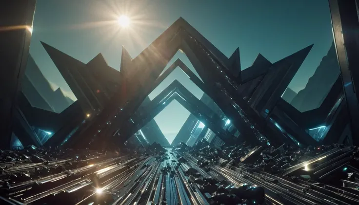 ObsidianJJ, futuristic, obsidian, art by Klaus Janson, architecture of a Raging Market, with Chevron adornments, Wide view, Depressing, Cinestill, sci fi, neon-lit, lens flare