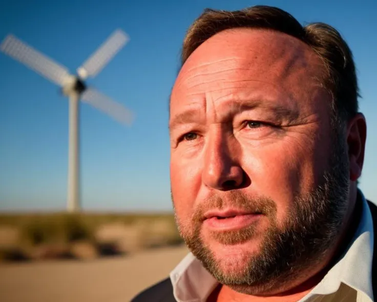 <lora:Alex Jones - Trigger w Alexjones Person:1> film footage of alexjones person high shot of a holding a elderly zombie in the middle of a desert a close up on his lips a windmill lights on in